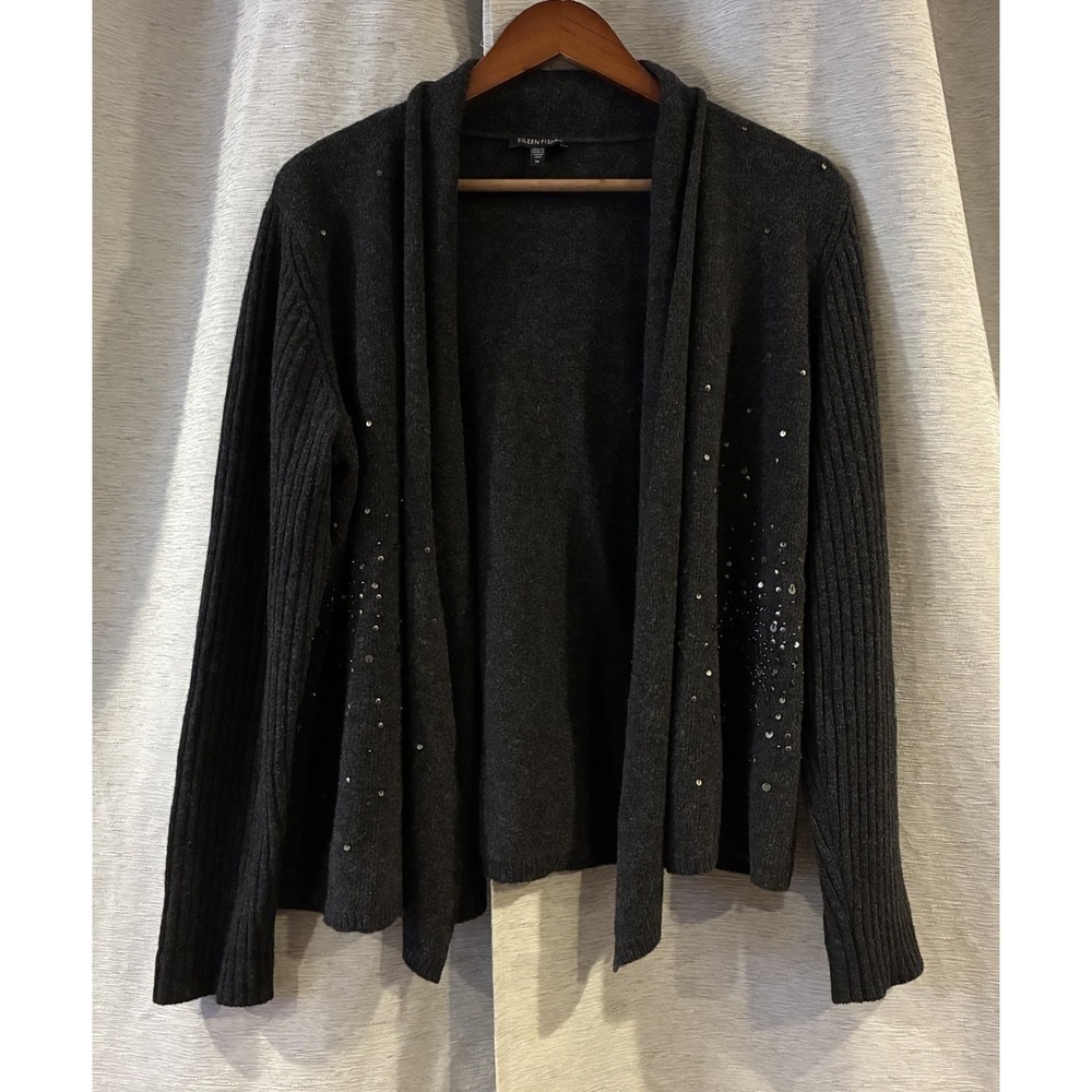 Eileen Fisher Shaped Angled Hem Sequined Merino Cashmere Sweater Cardigan M